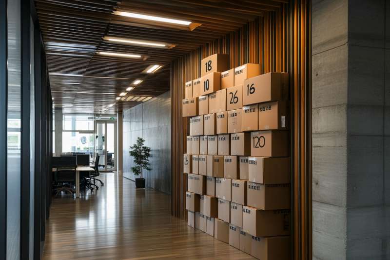 Stacked numbered boxes against an office wall representing cached integers in Python.